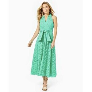 NWT Lilly Pulitzer Chrisella Eyelet Midi Shirt Dress Teal Gustavia Green Size 6